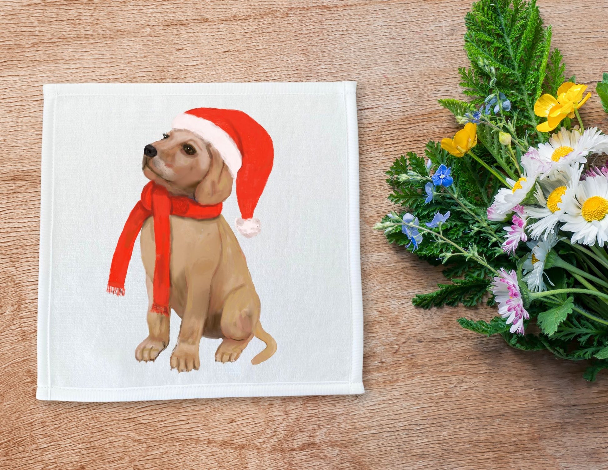 Christmas Golden Puppy Washcloth - MerikaArt