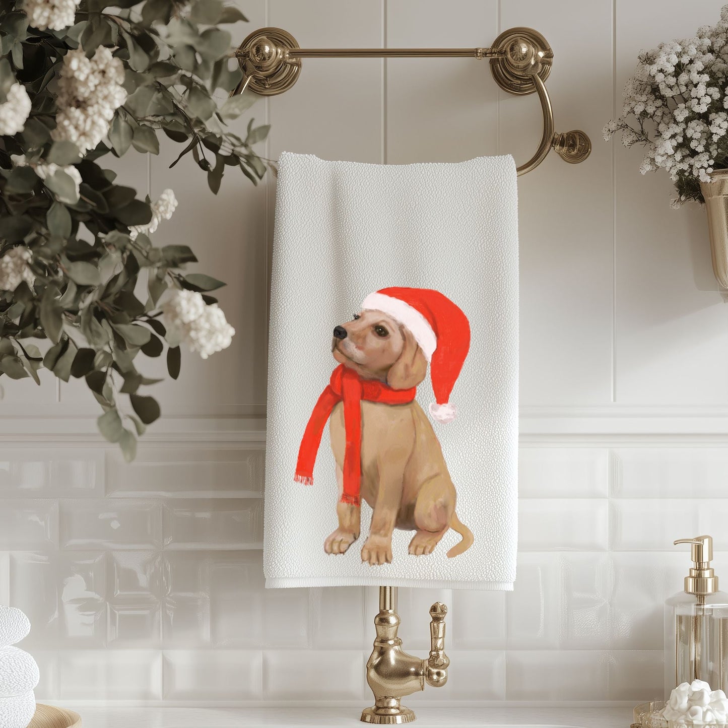 Christmas Golden Retriever Puppy Bathroom Towel - MerikaArt