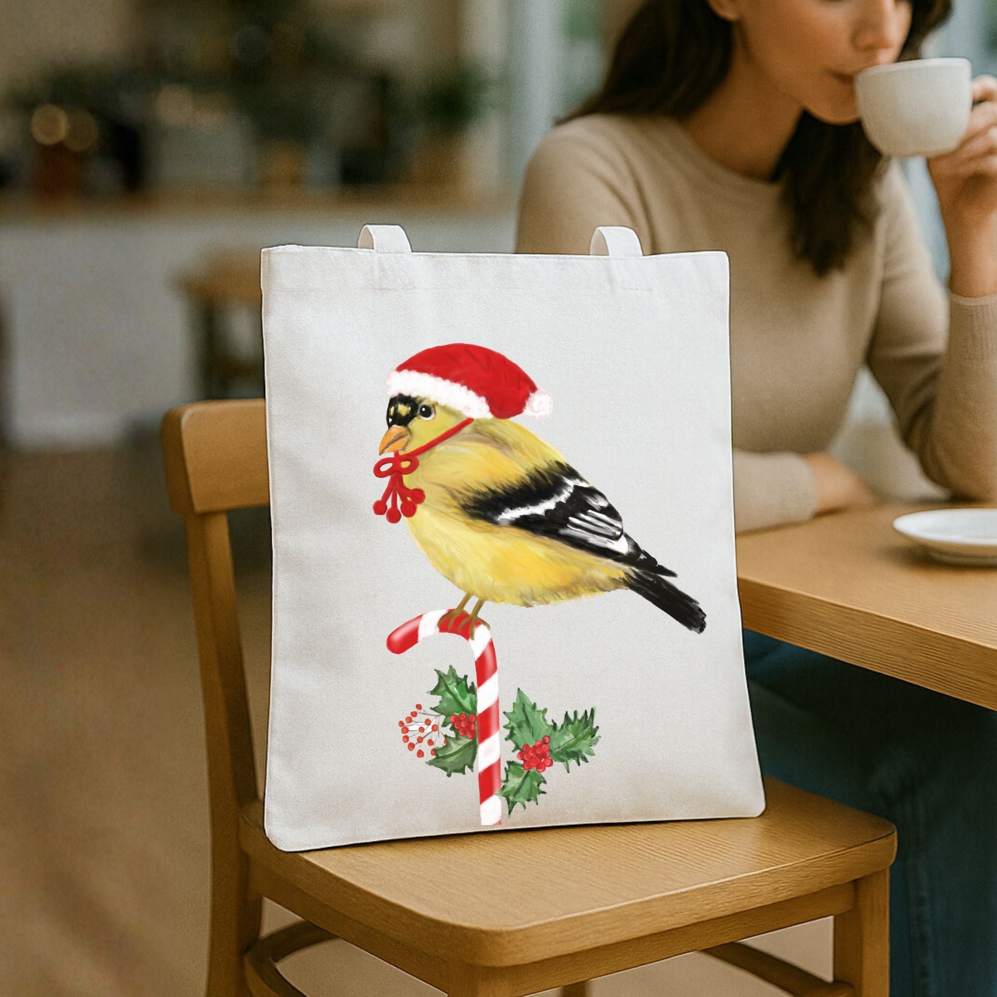 Christmas Goldfinch Canvas Tote Bag - MerikaArt