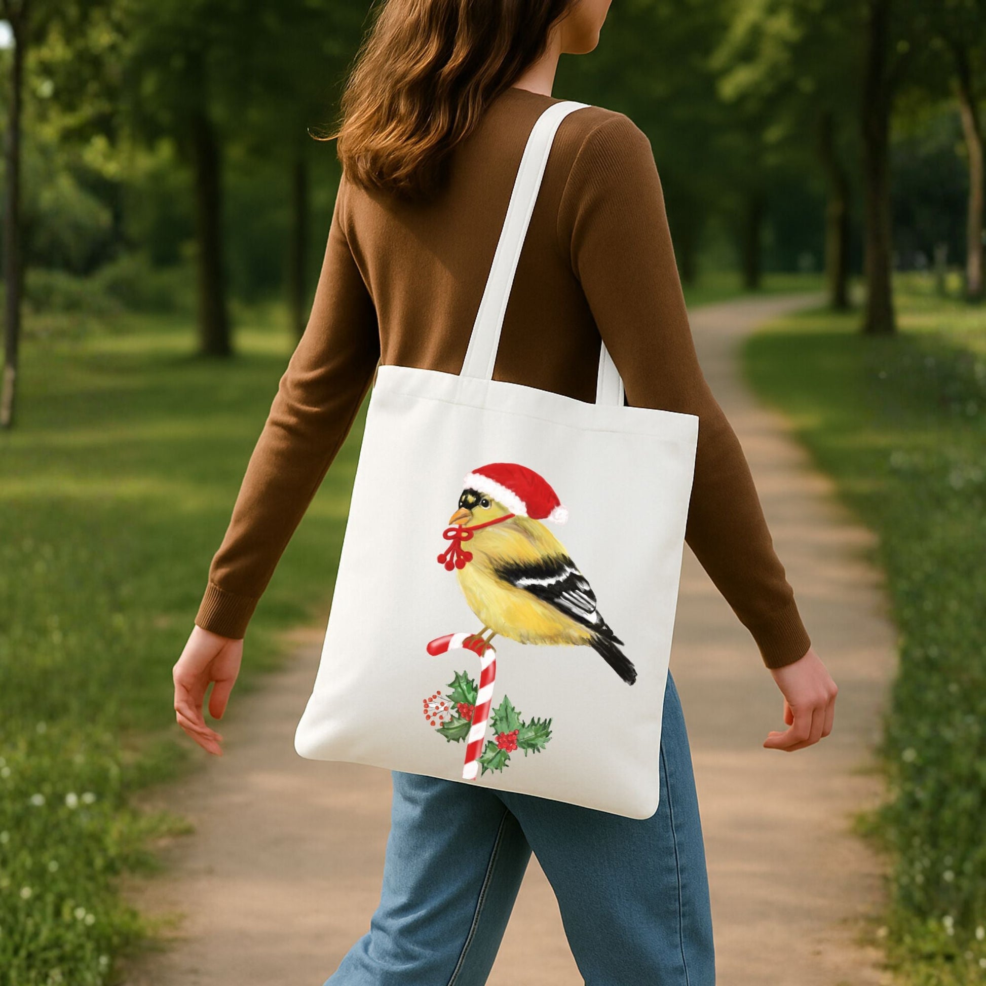 Christmas Goldfinch Canvas Tote Bag - MerikaArt
