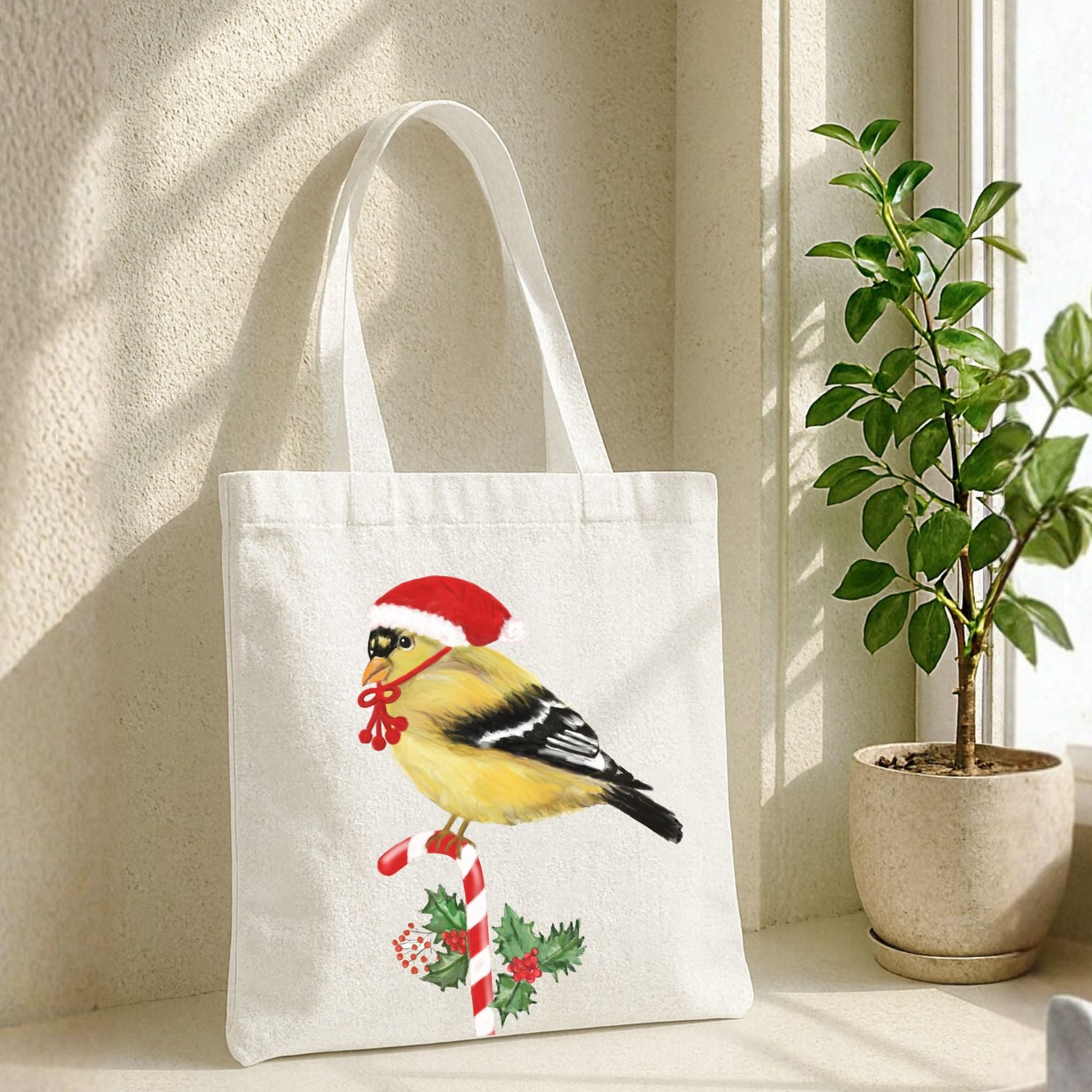 Christmas Goldfinch Canvas Tote Bag - MerikaArt