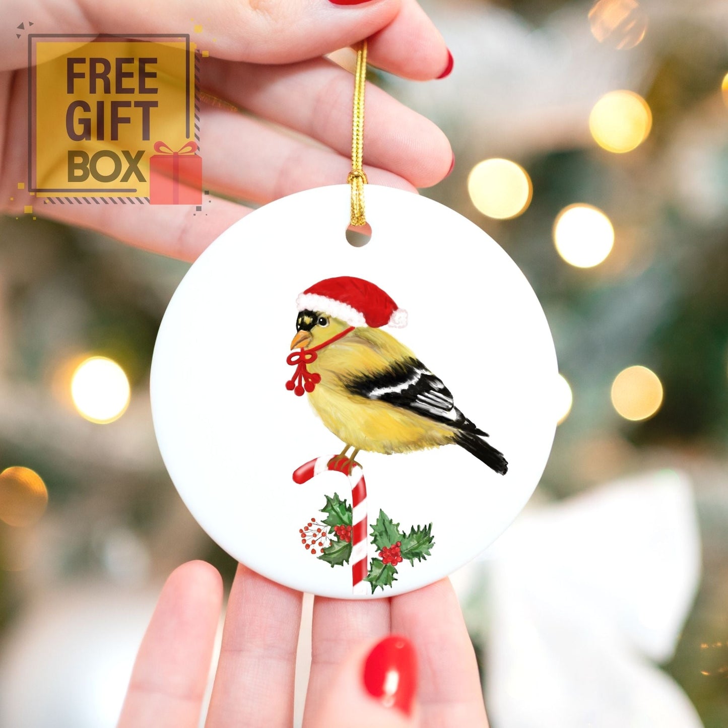 Christmas Goldfinch Ceramic Ornament - MerikaArt