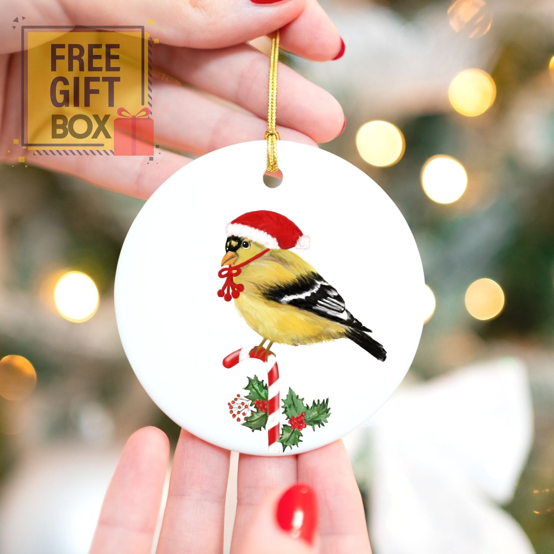 Christmas Goldfinch Ceramic Ornament - MerikaArt