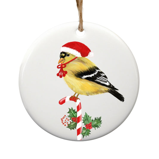 Christmas Goldfinch Ceramic Ornament - MerikaArt