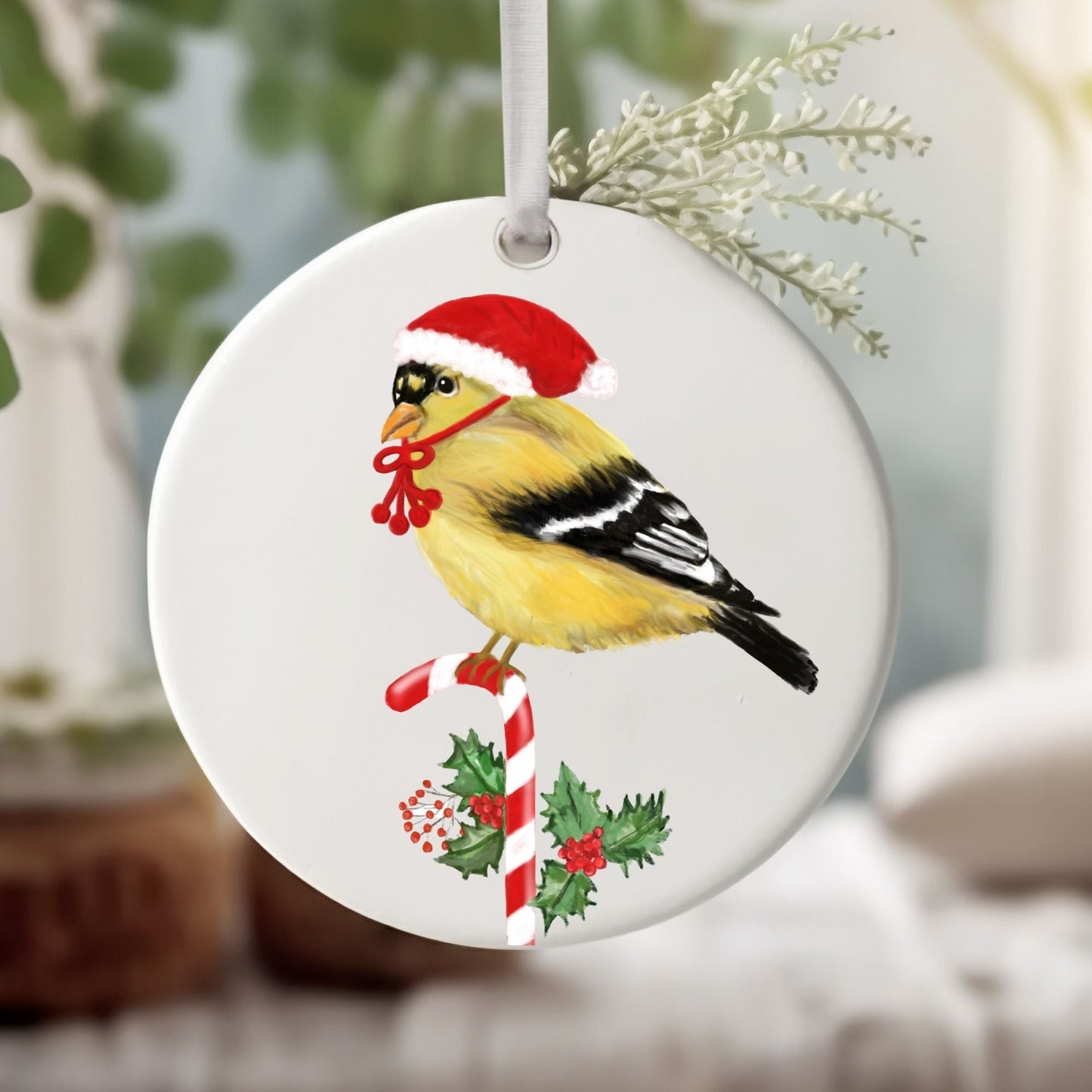 Christmas Goldfinch Ceramic Ornament - MerikaArt