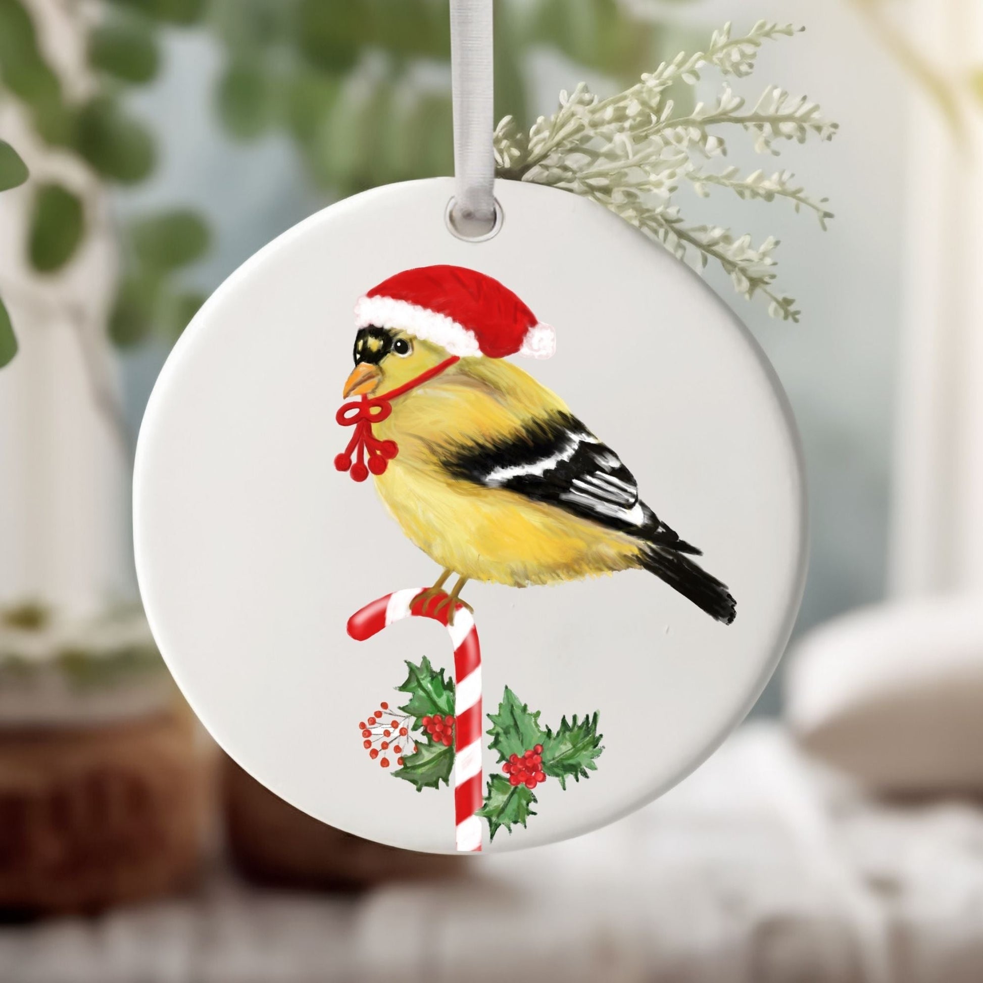 Christmas Goldfinch Ceramic Ornament - MerikaArt