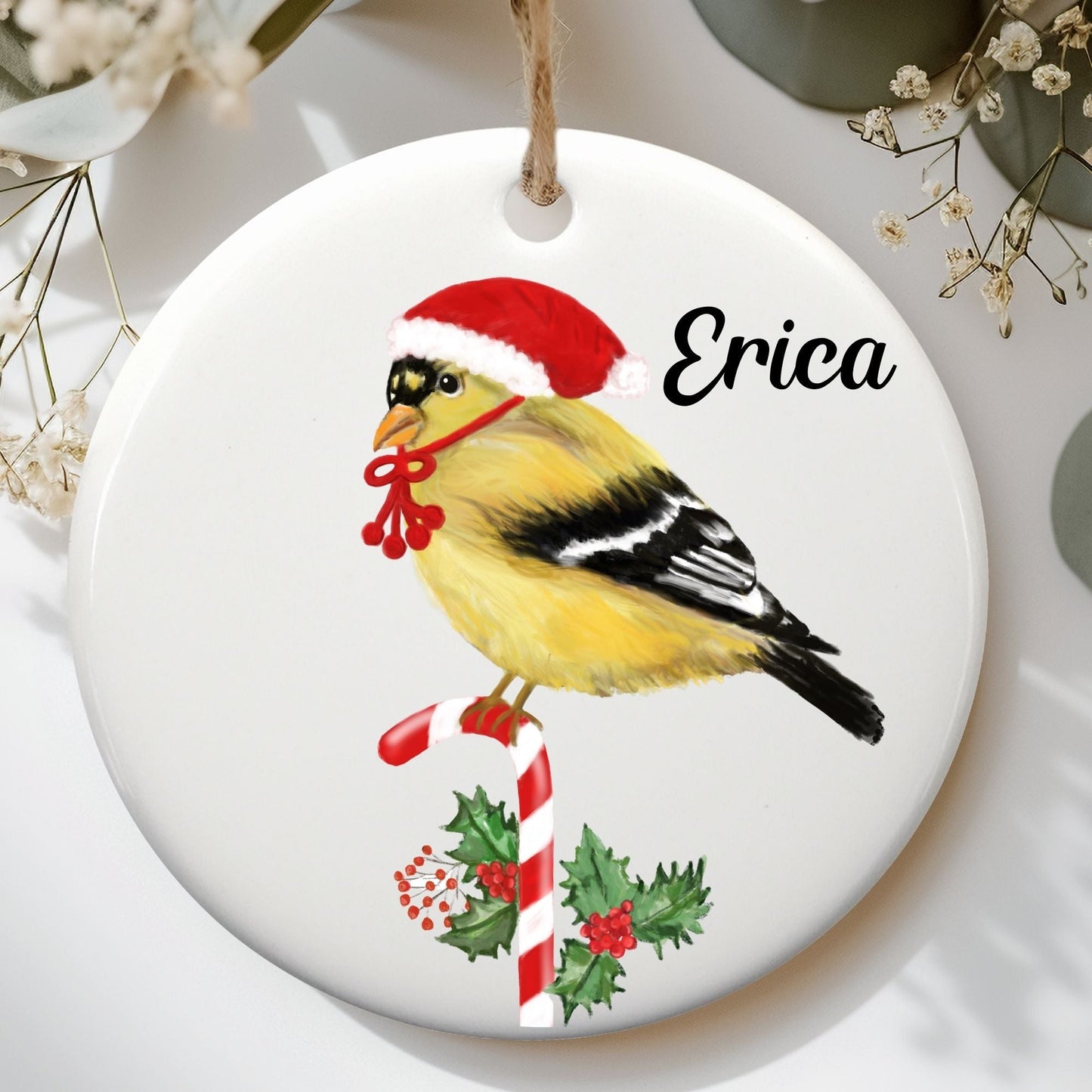Christmas Goldfinch Ceramic Ornament - MerikaArt