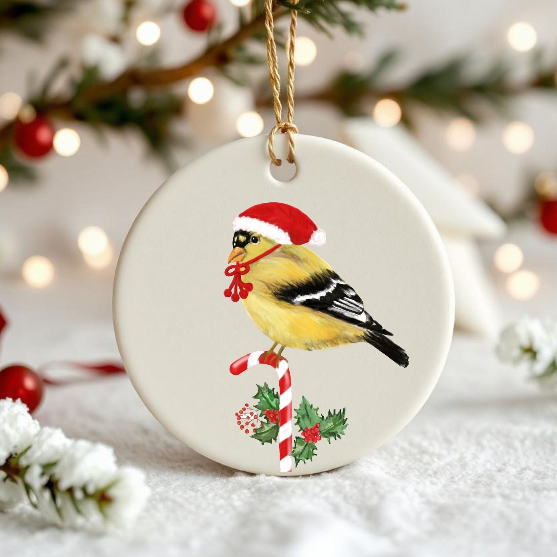 Christmas Goldfinch Ceramic Ornament - MerikaArt