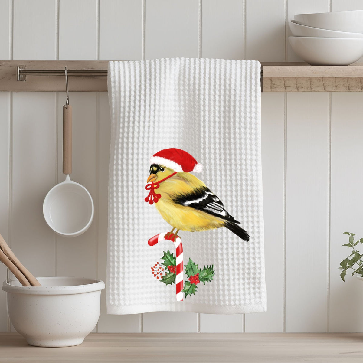 Christmas Goldfinch Kitchen Towel - MerikaArt