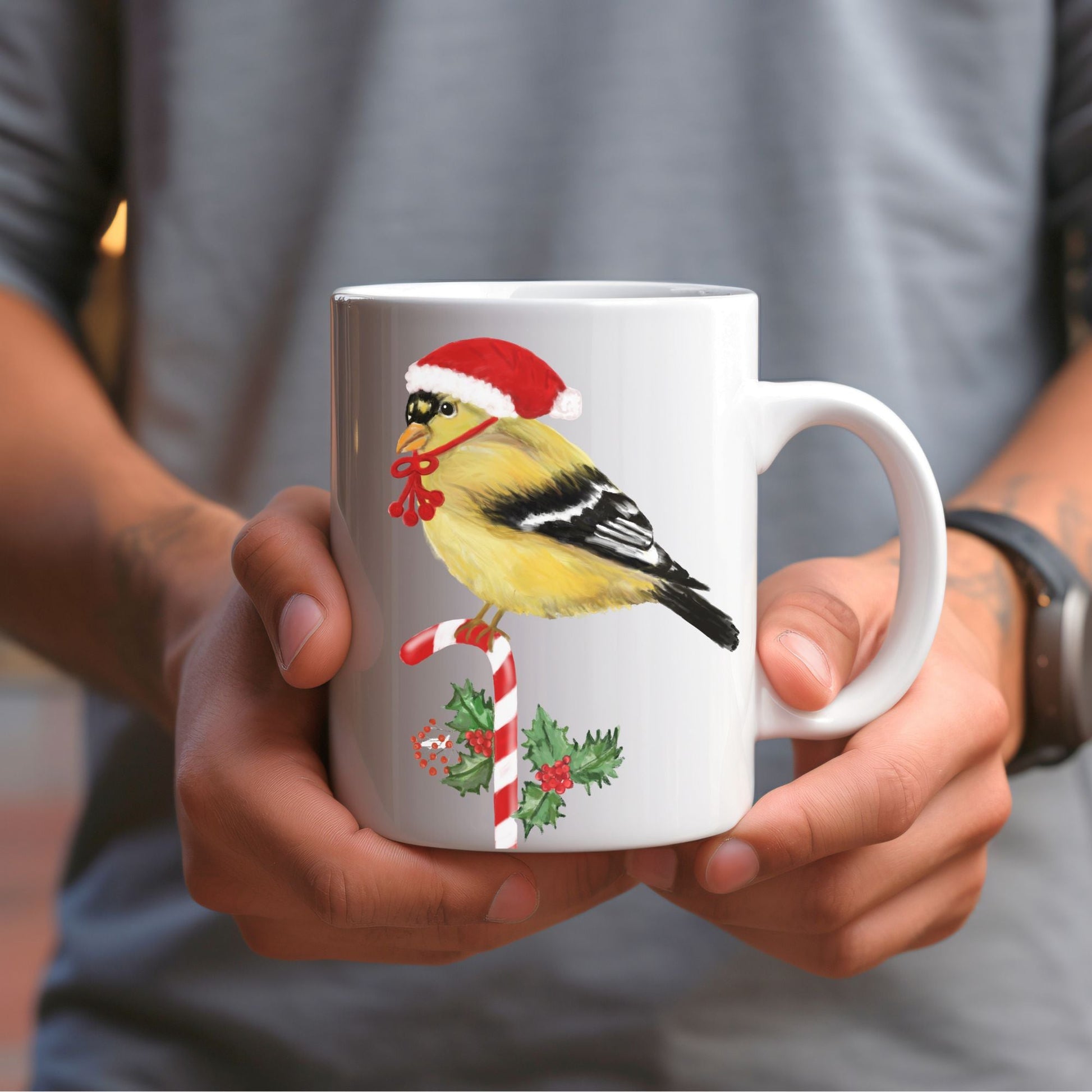 Christmas Goldfinch Mug - MerikaArt