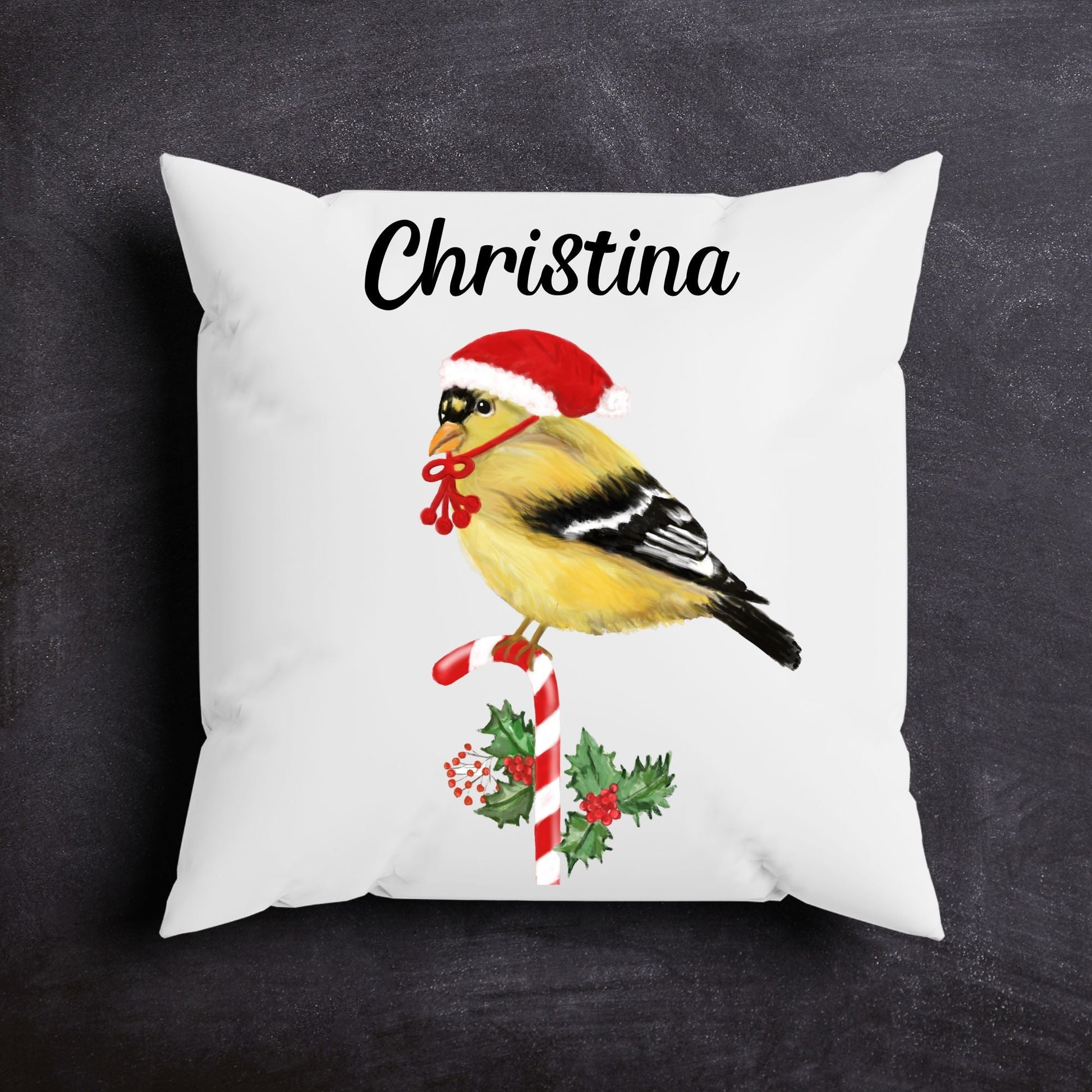 Christmas Goldfinch Pillow - MerikaArt