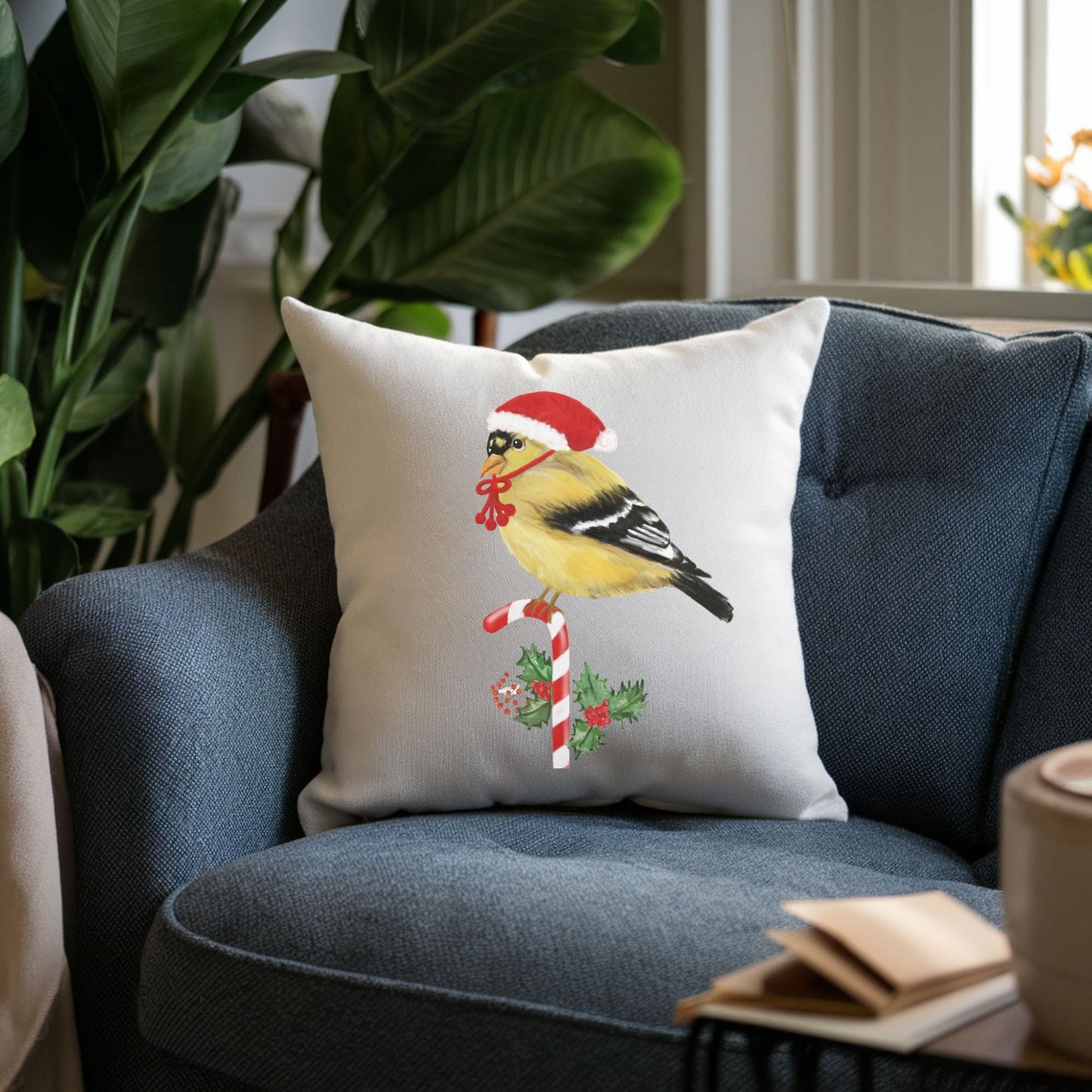 Christmas Goldfinch Pillow - MerikaArt