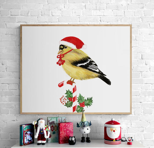 Christmas Goldfinch Print, Winter Christmas Art, Goldfinch Gift, New Years Bird Art, Winter Home Decor, Christmas Animals, Bird Portrait - MerikaArt