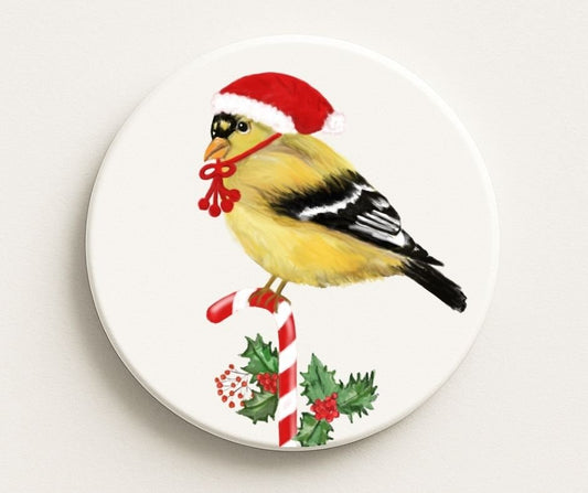 Christmas Goldfinch with Santa Hat Ceramic Coaster - MerikaArt