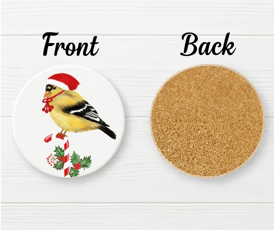 Christmas Goldfinch with Santa Hat Ceramic Coaster - MerikaArt