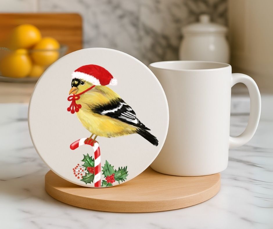 Christmas Goldfinch with Santa Hat Ceramic Coaster - MerikaArt