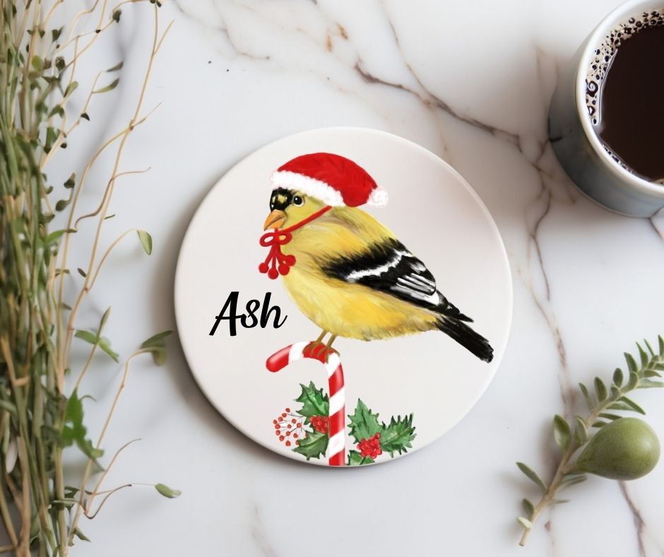 Christmas Goldfinch with Santa Hat Ceramic Coaster - MerikaArt