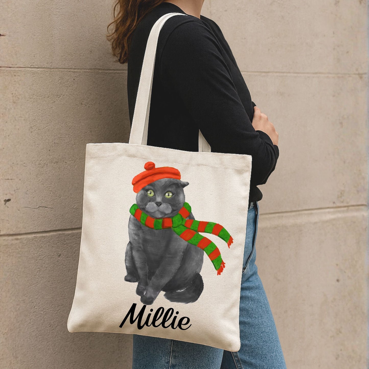 Christmas Gray Cat Canvas Tote Bag - MerikaArt