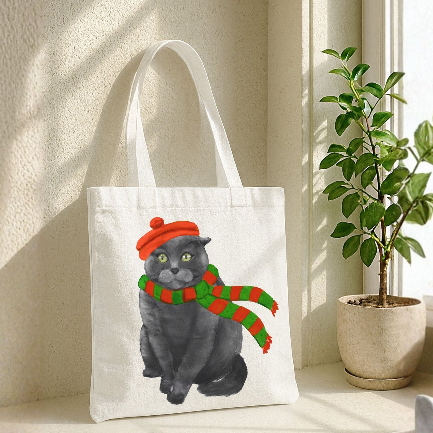 Christmas Gray Cat Canvas Tote Bag - MerikaArt