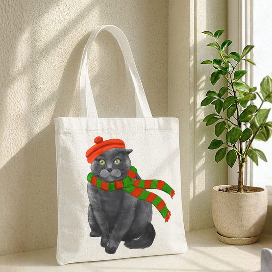 Christmas Gray Cat Canvas Tote Bag - MerikaArt
