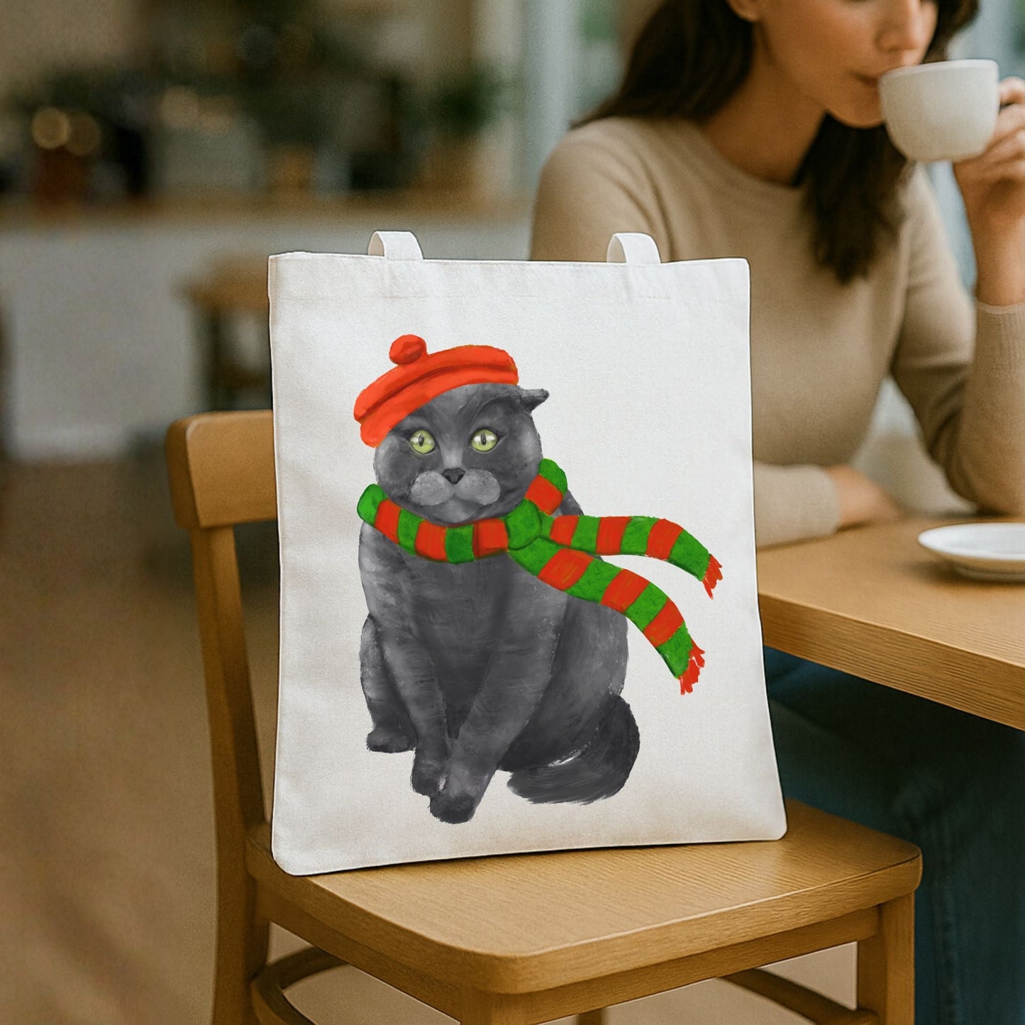 Christmas Gray Cat Canvas Tote Bag - MerikaArt