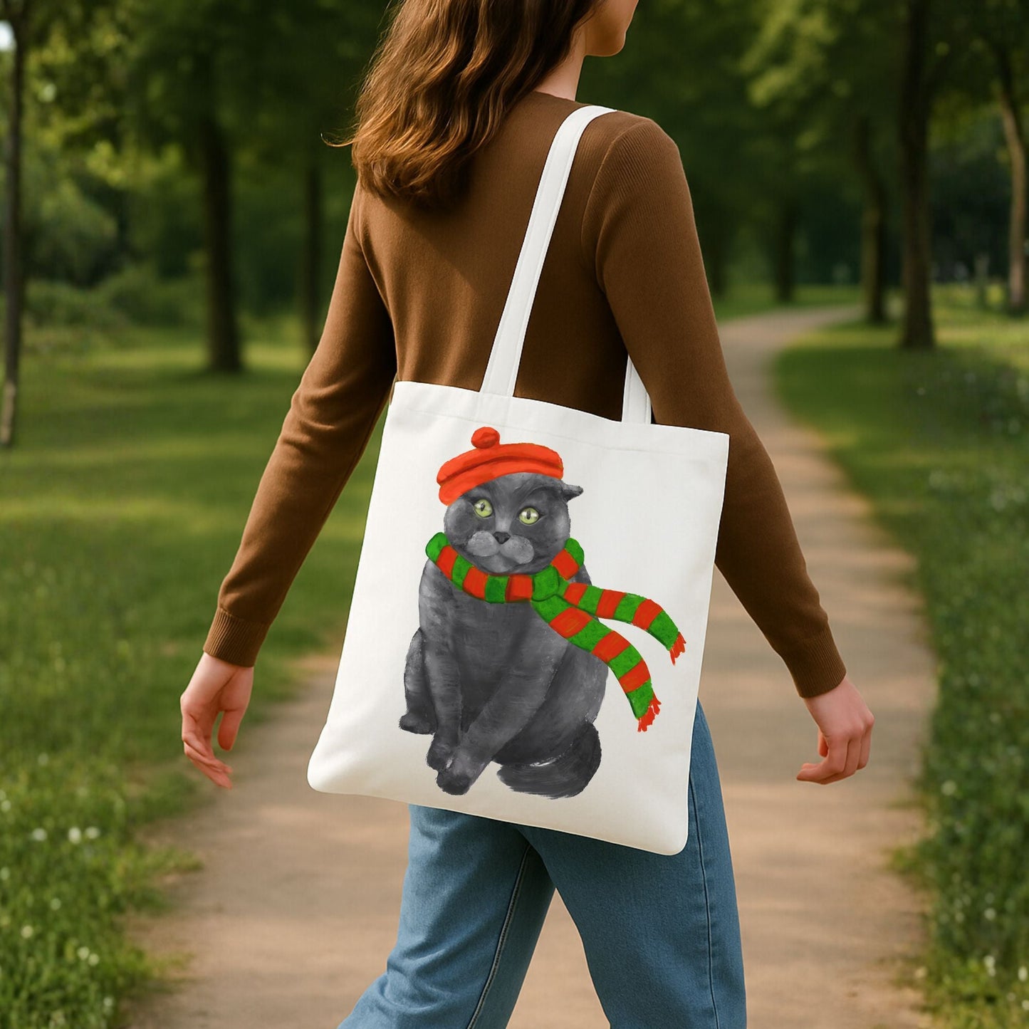 Christmas Gray Cat Canvas Tote Bag - MerikaArt