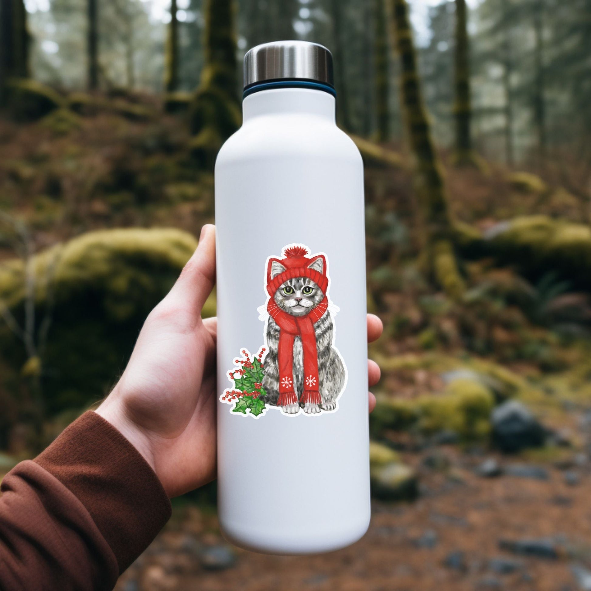 Christmas Gray Cat Sticker - MerikaArt