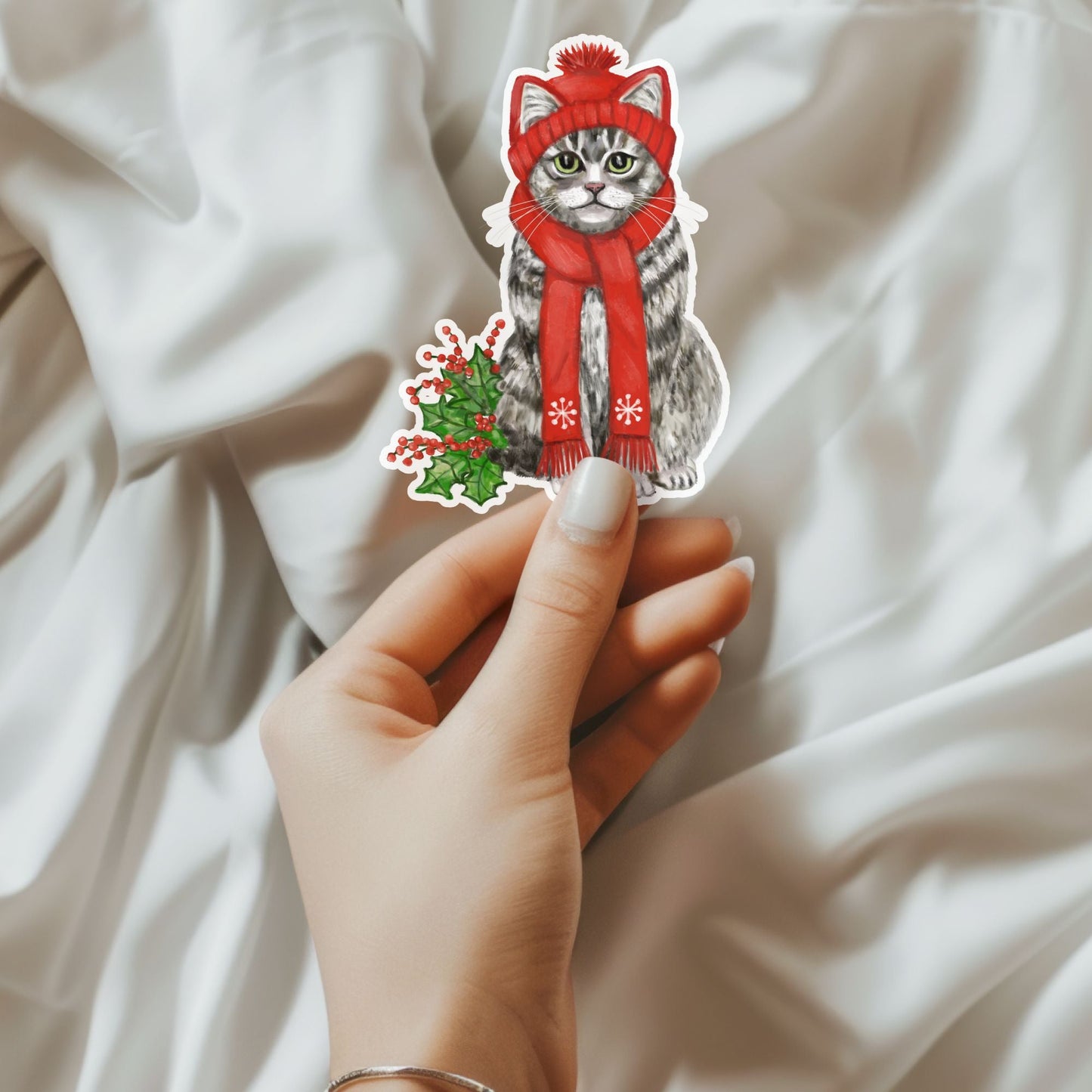 Christmas Gray Cat Sticker - MerikaArt