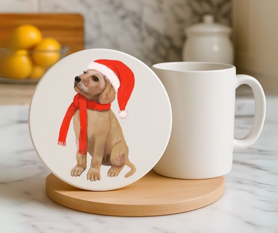 Christmas Labrador Retriever Ceramic Coaster - MerikaArt
