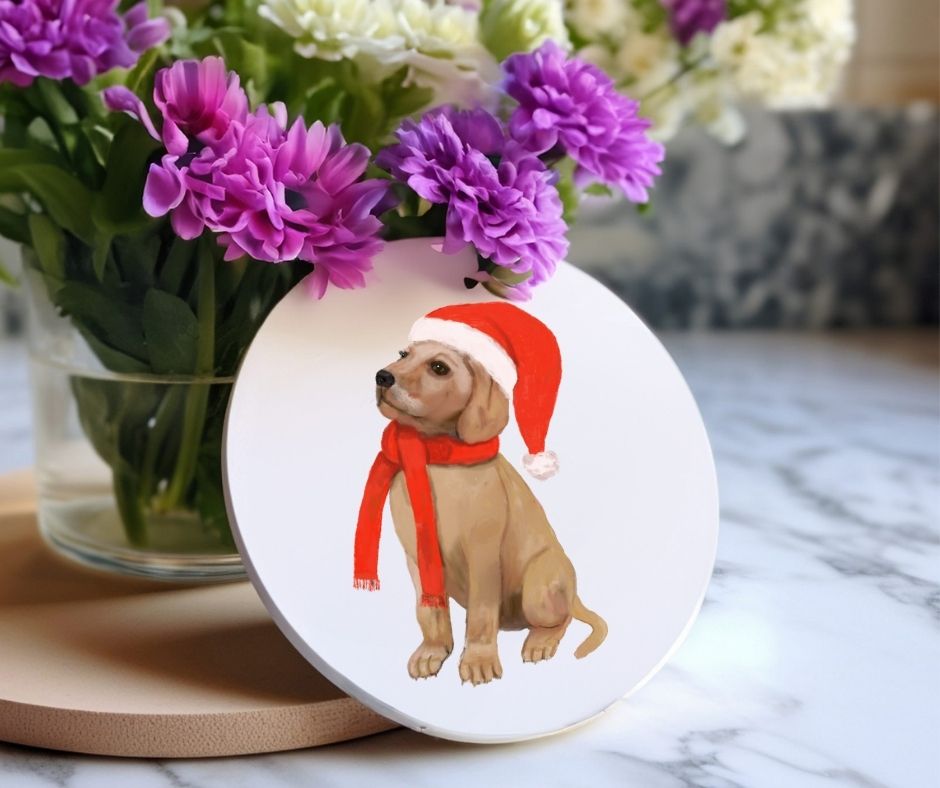Christmas Labrador Retriever Ceramic Coaster - MerikaArt
