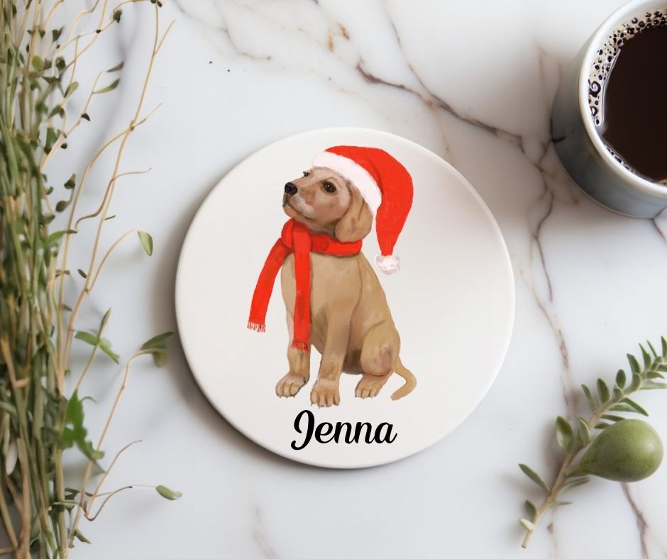 Christmas Labrador Retriever Ceramic Coaster - MerikaArt