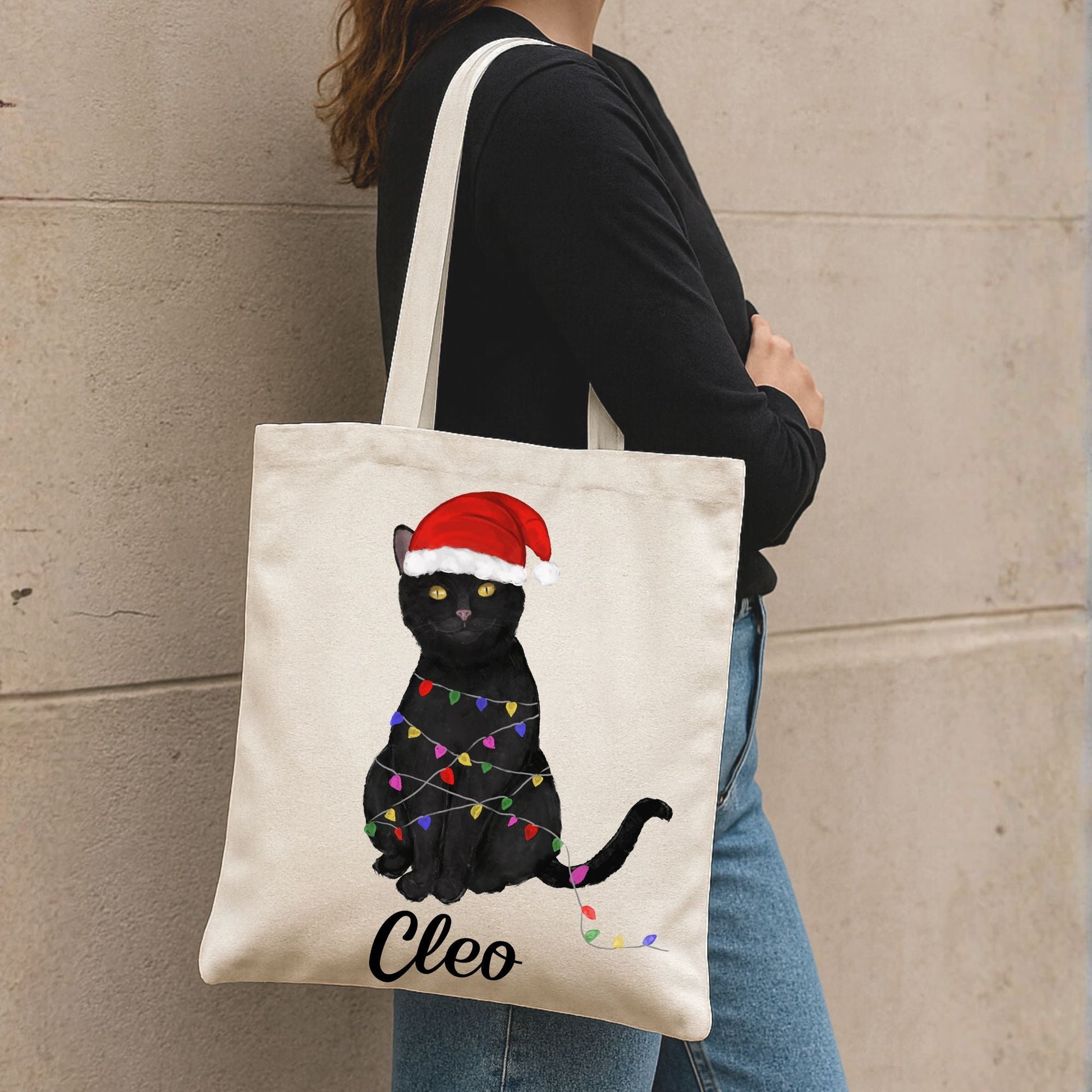 Christmas Lights Black Cat Canvas Tote Bag - MerikaArt