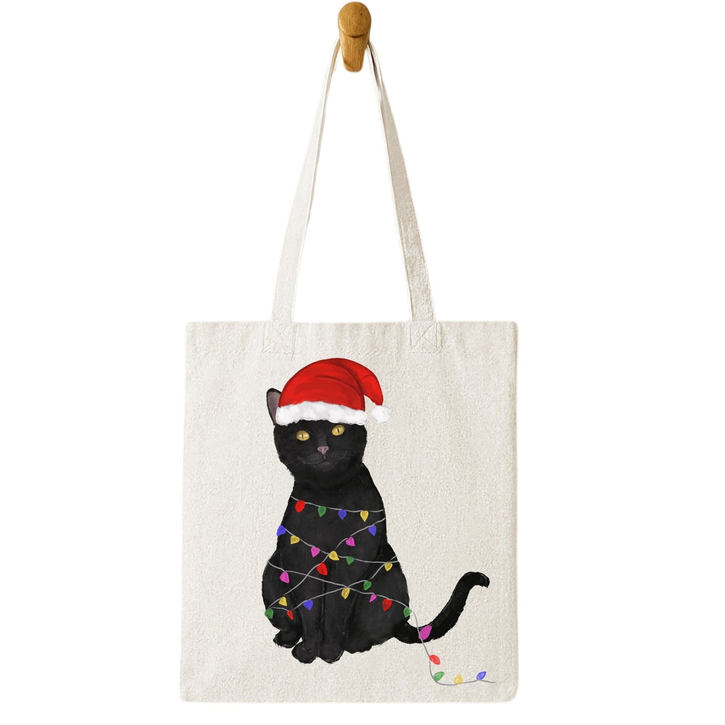 Christmas Lights Black Cat Canvas Tote Bag - MerikaArt