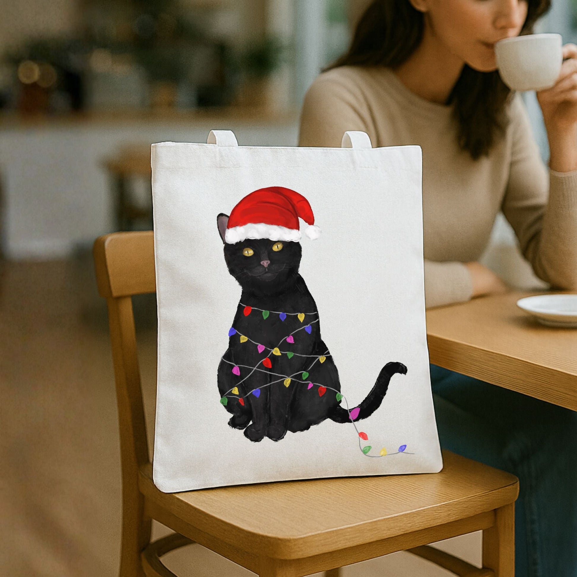 Christmas Lights Black Cat Canvas Tote Bag - MerikaArt