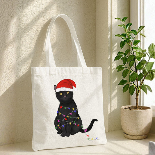 Christmas Lights Black Cat Canvas Tote Bag - MerikaArt