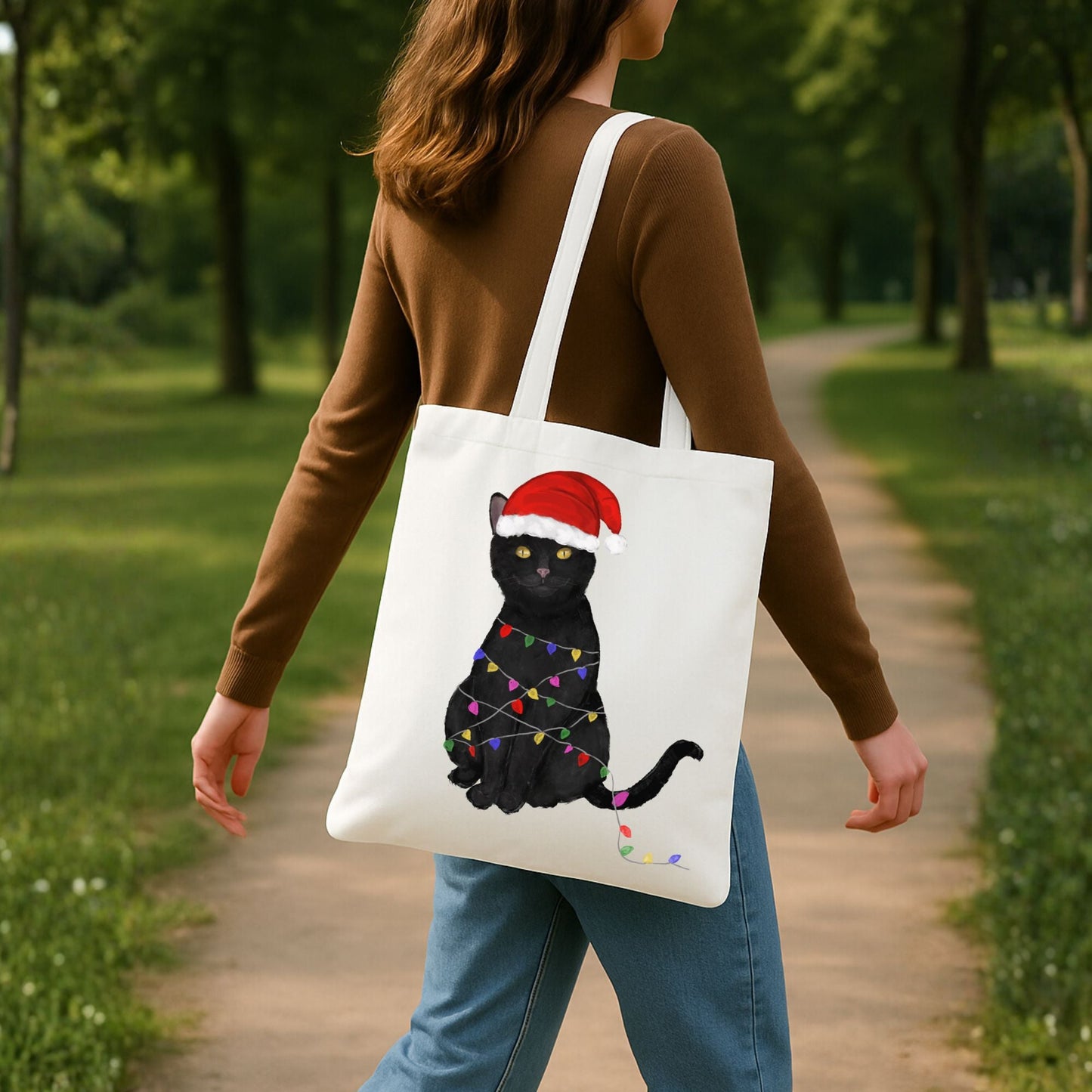 Christmas Lights Black Cat Canvas Tote Bag - MerikaArt