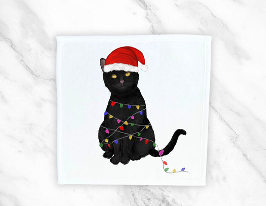 Christmas Lights Black Cat Washcloth - MerikaArt