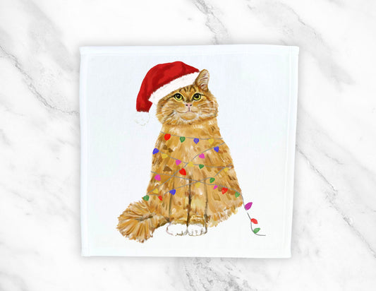 Christmas Lights Orange Cat Washcloth - MerikaArt