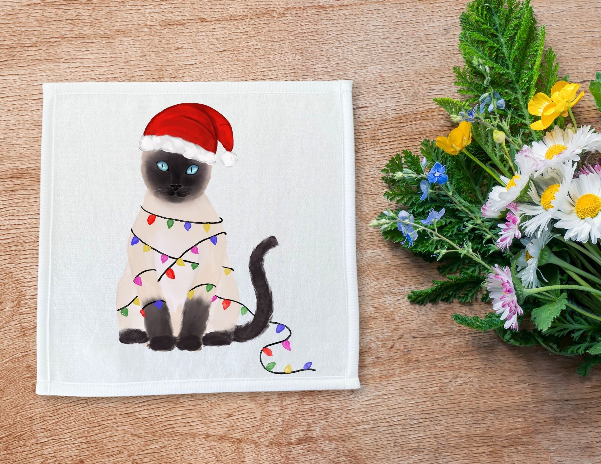 Christmas Lights Siamese Cat Washcloth - MerikaArt