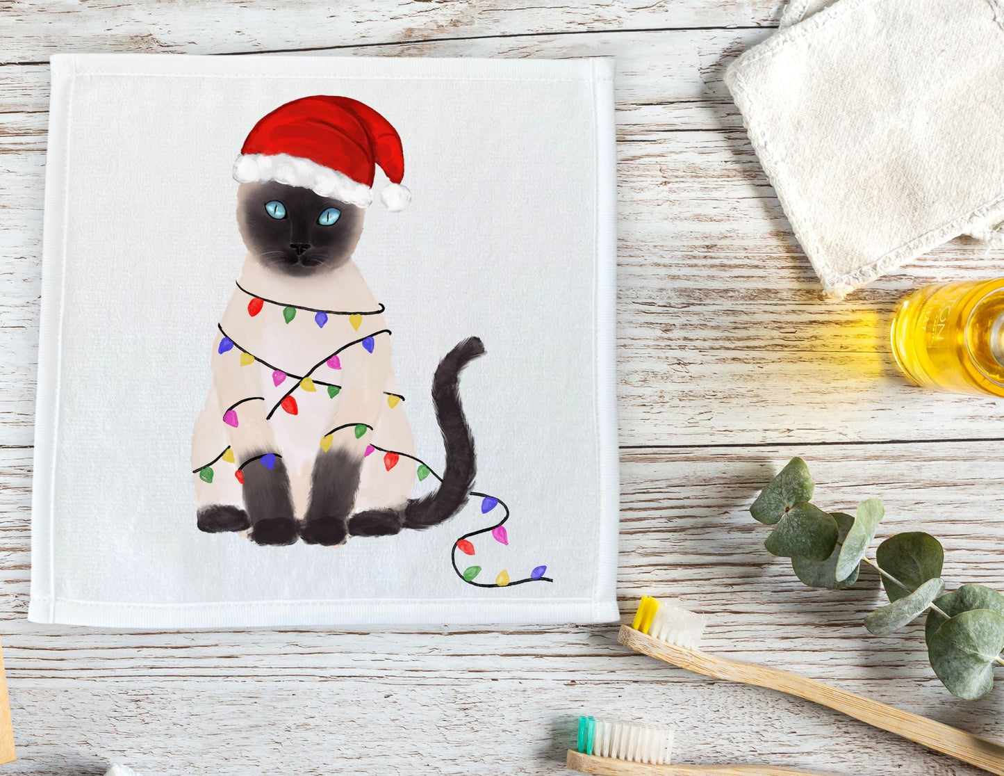 Christmas Lights Siamese Cat Washcloth - MerikaArt