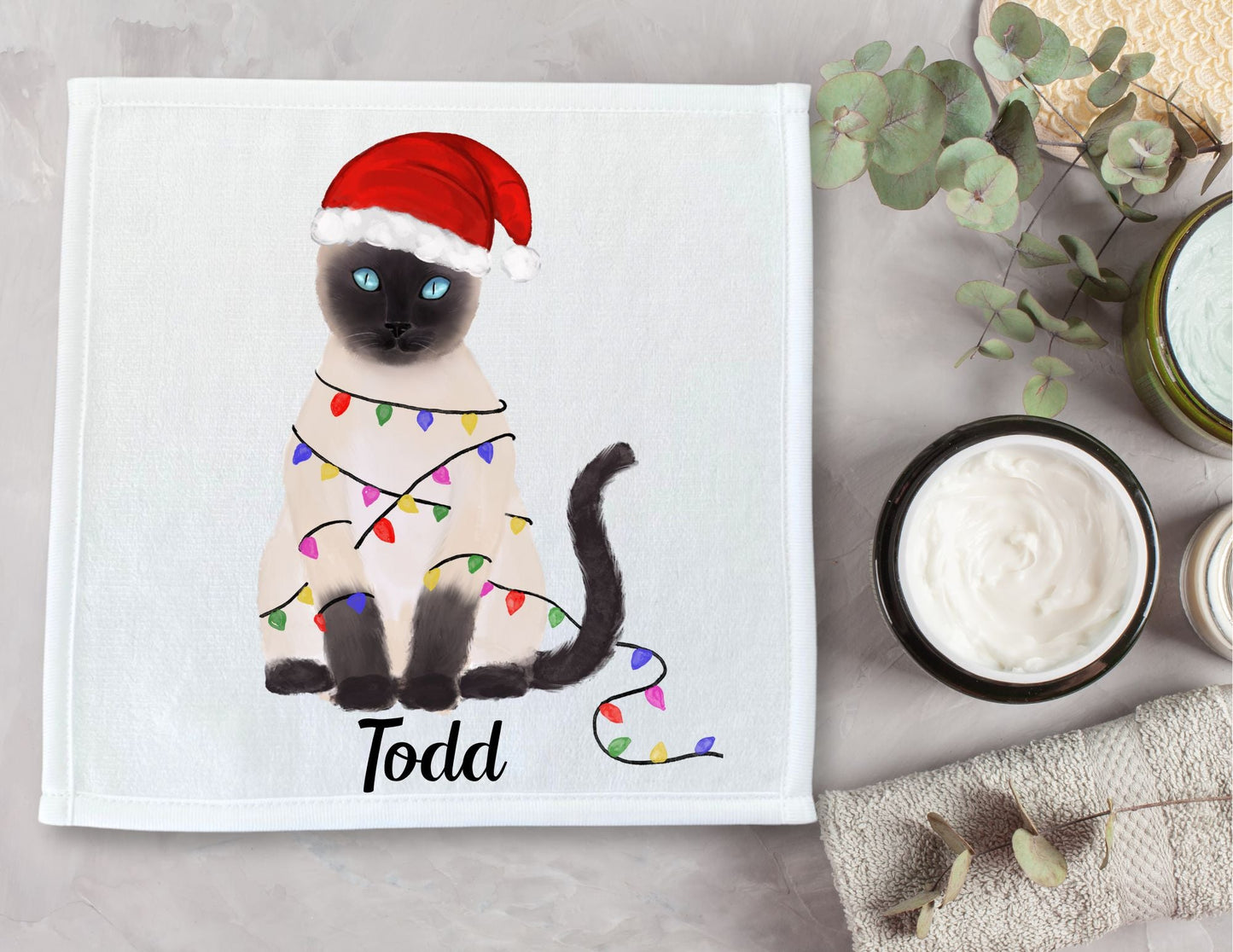 Christmas Lights Siamese Cat Washcloth - MerikaArt