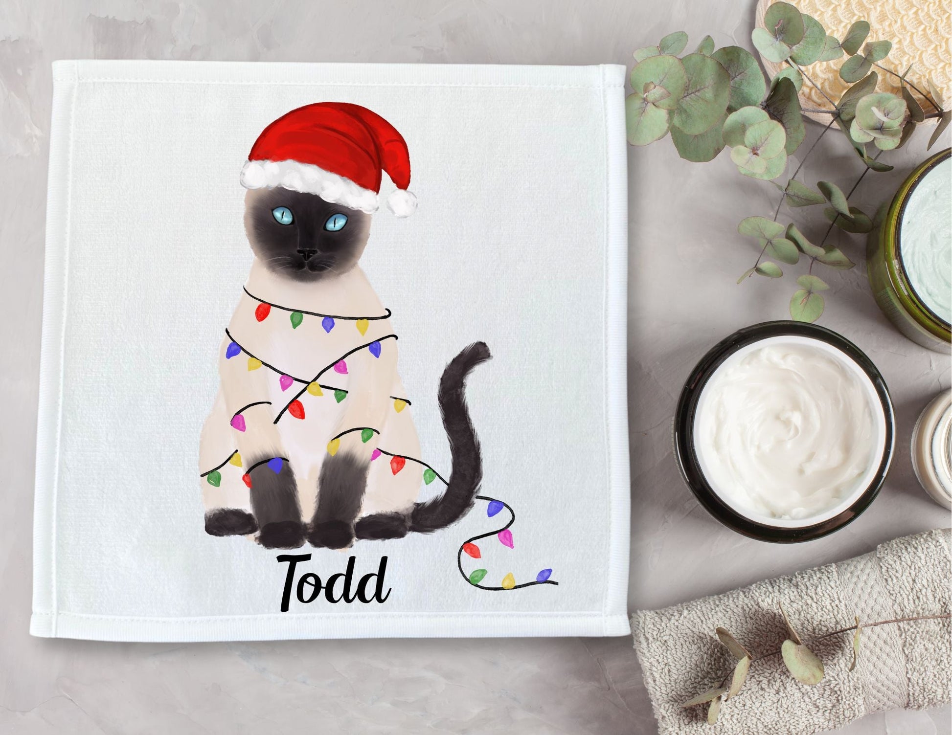 Christmas Lights Siamese Cat Washcloth - MerikaArt