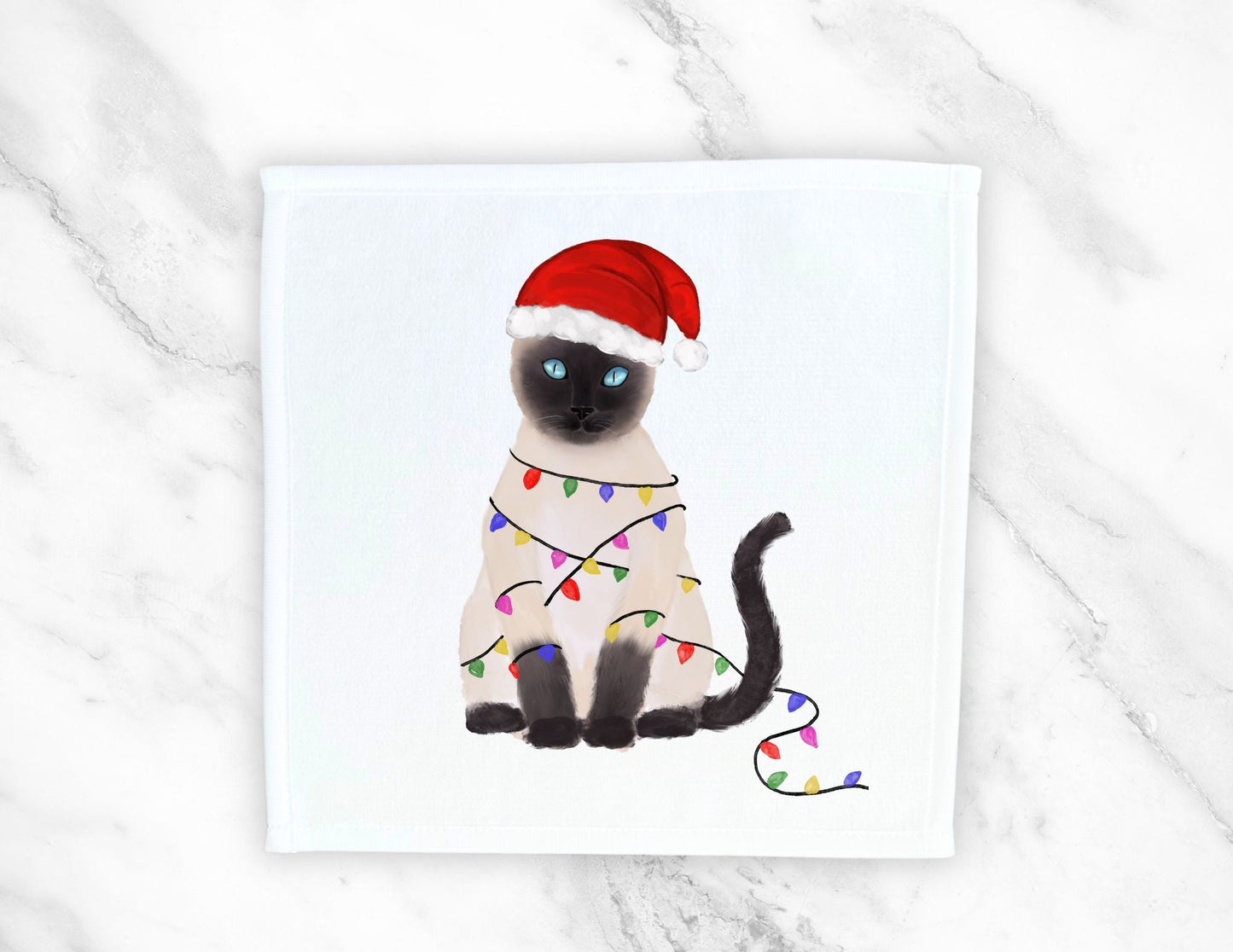 Christmas Lights Siamese Cat Washcloth - MerikaArt