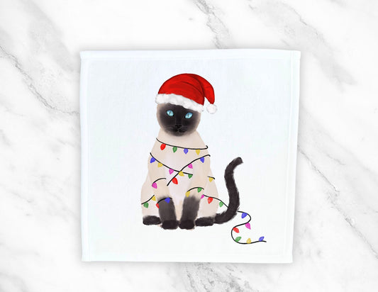 Christmas Lights Siamese Cat Washcloth - MerikaArt