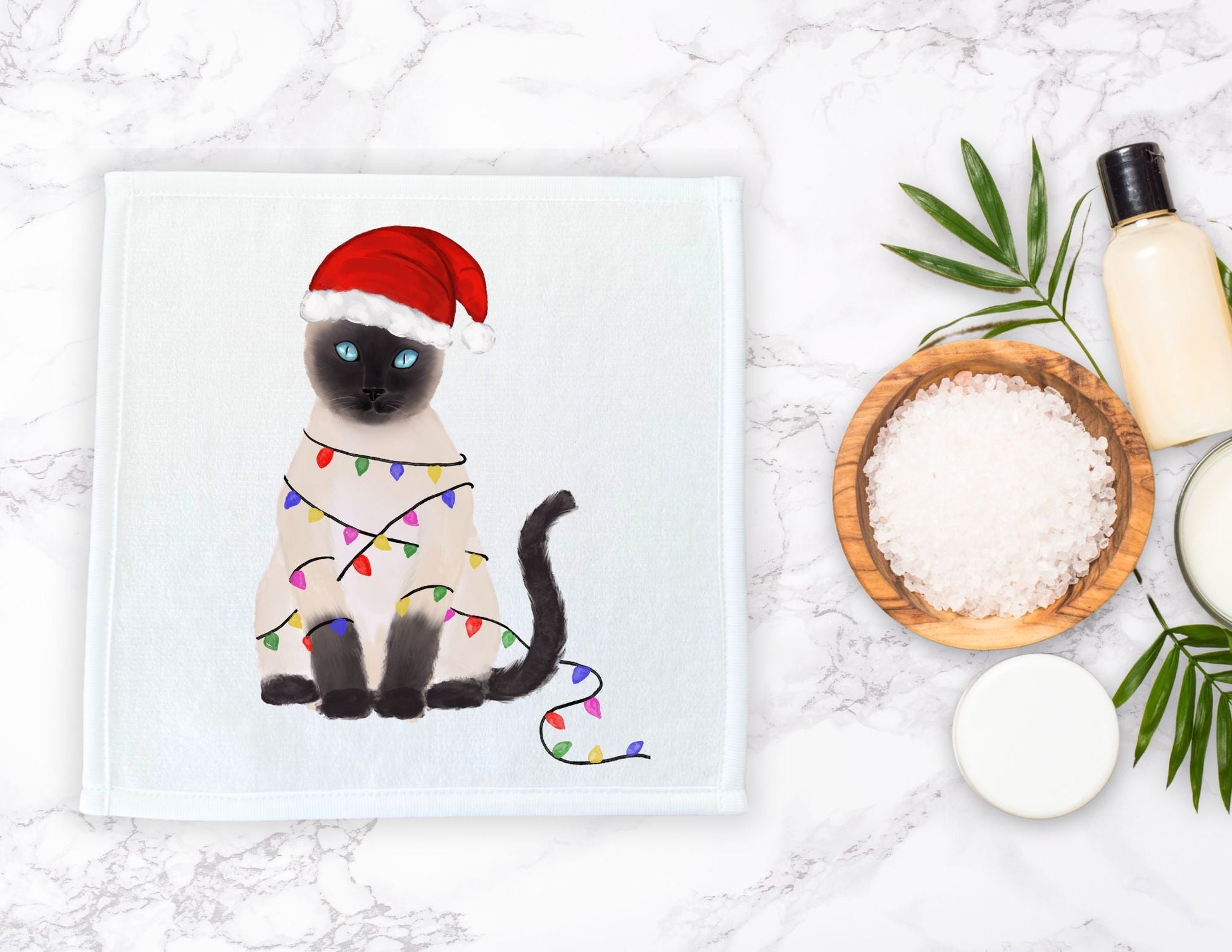 Christmas Lights Siamese Cat Washcloth - MerikaArt