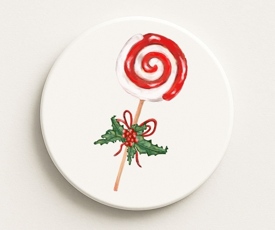 Christmas Lollipop with Holly Ceramic Coaster - MerikaArt