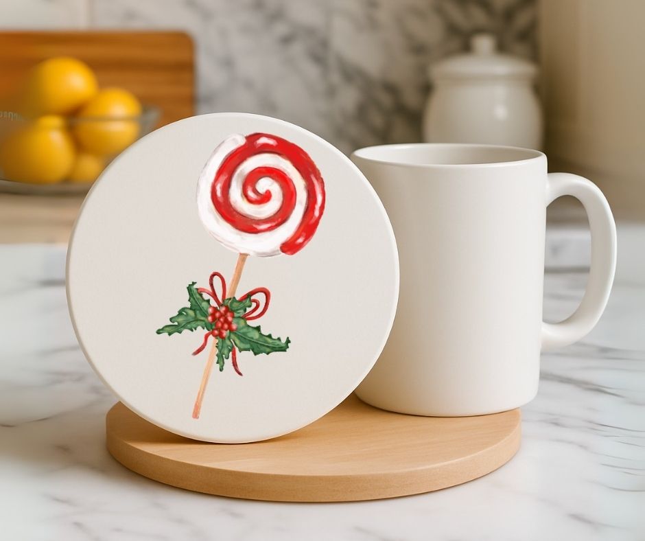 Christmas Lollipop with Holly Ceramic Coaster - MerikaArt