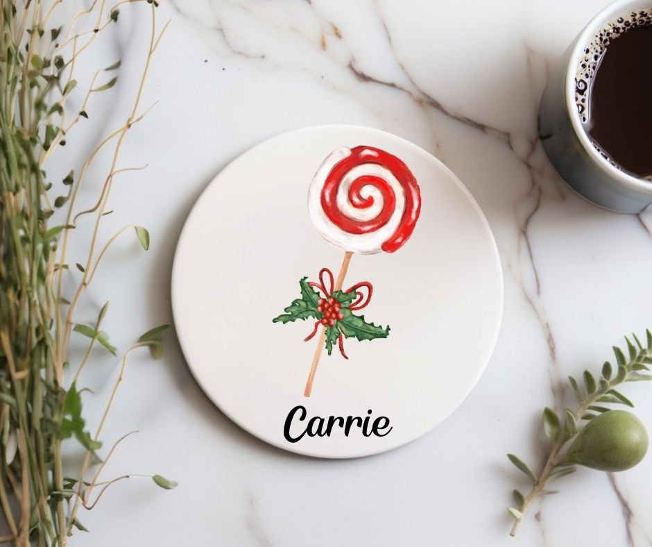 Christmas Lollipop with Holly Ceramic Coaster - MerikaArt