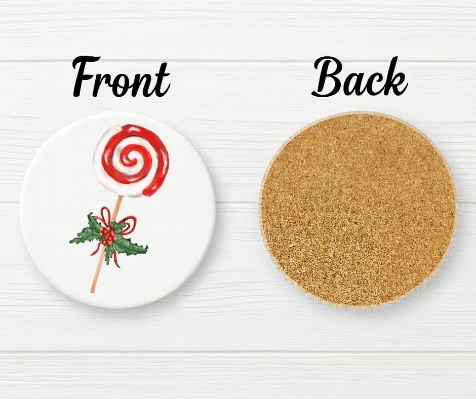 Christmas Lollipop with Holly Ceramic Coaster - MerikaArt