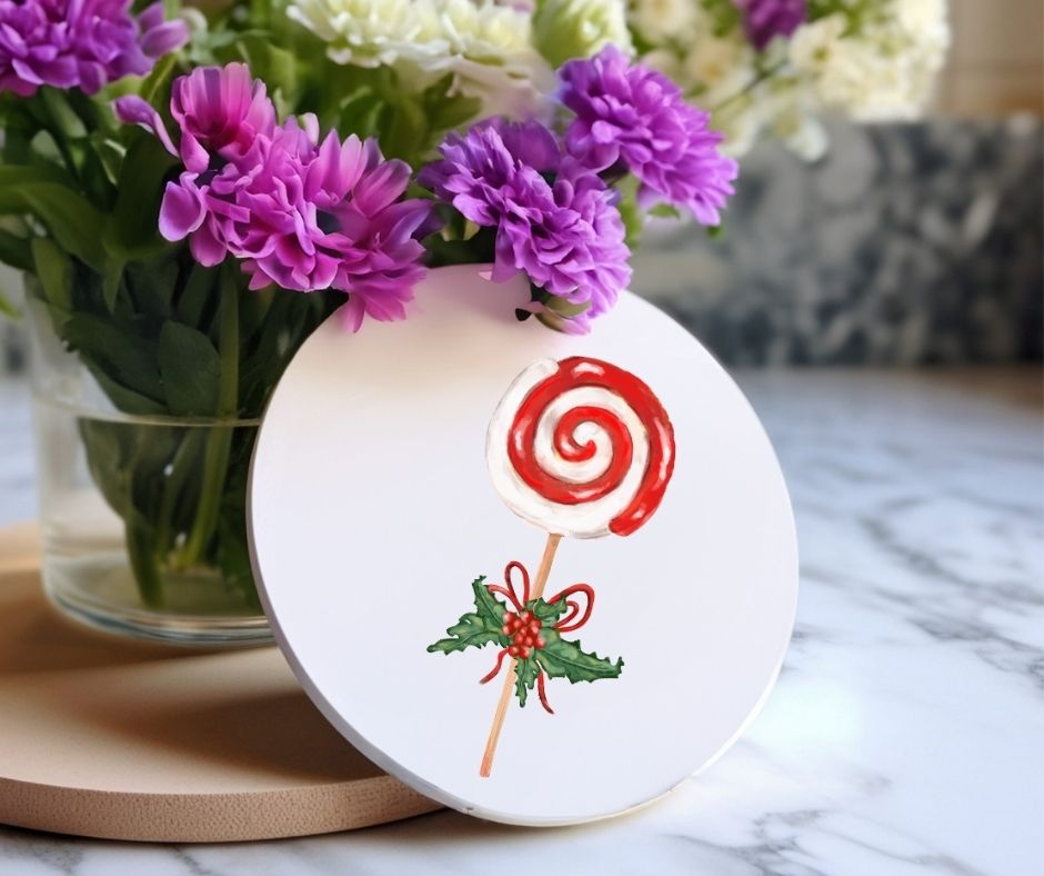 Christmas Lollipop with Holly Ceramic Coaster - MerikaArt